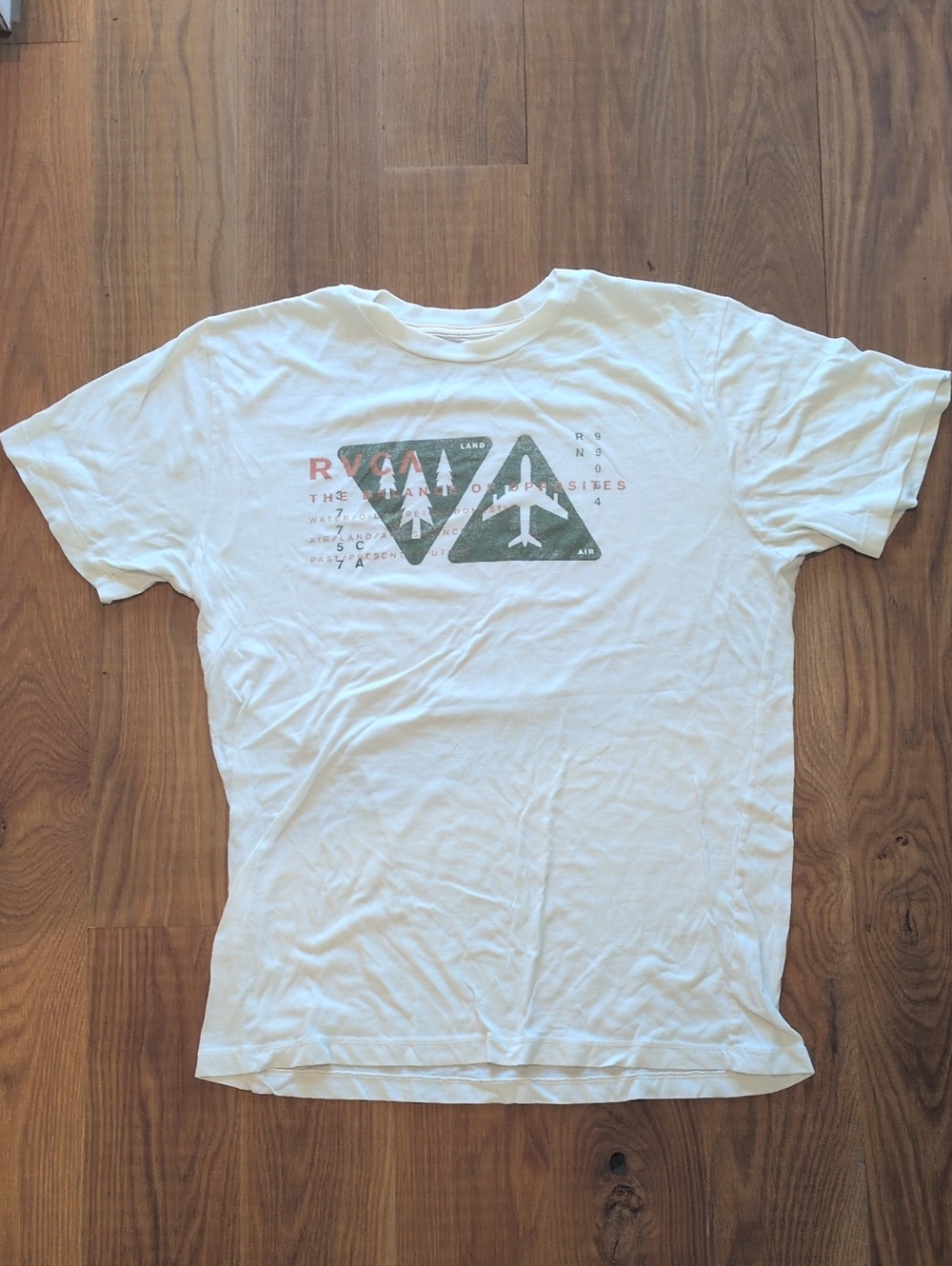 RVCA White Tee with Green and Red Aviation Graphic